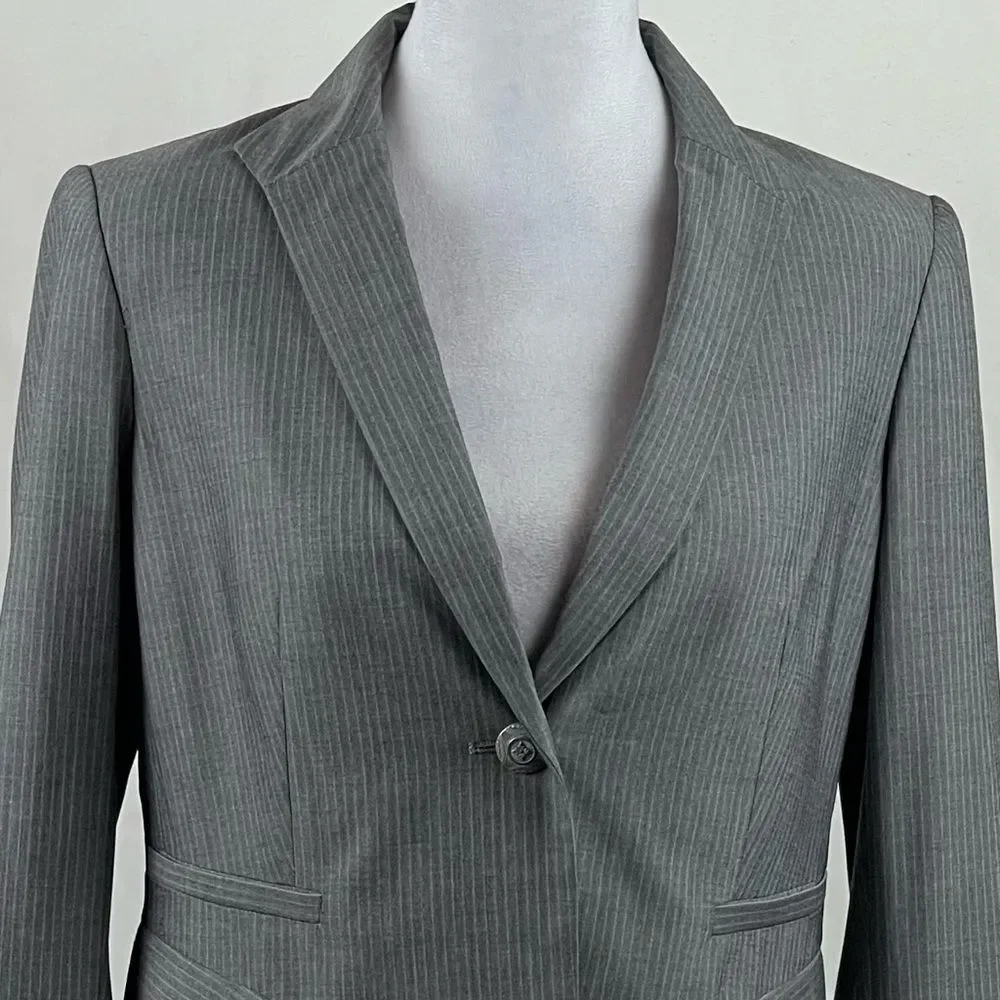 Anthropologie Etcetera Gray White Pinstriped Academia Blazer Jacket Size 4